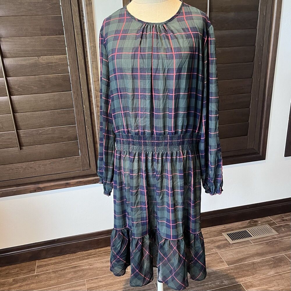 J Crew Glendale Plaid Dress Womens 2X Green Black Red Cinched Sheer  Knee Length